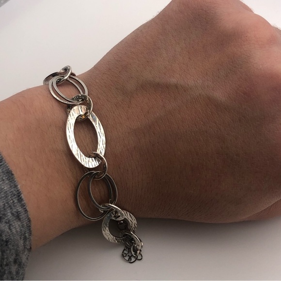 VTG Sterling Silver Brushed Woodgrain Design Circle Link Bracelet 925 Italy 7.2” - Picture 2 of 4